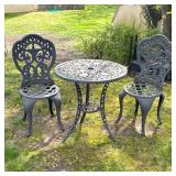 (3pc) CAST ALUMINUM PATIO SUITE | Comprising two side chairs and a round table with a tripod base - 