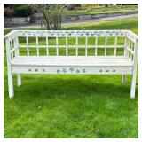 PAINTED WOOD BENCH | White painted wood bench with painted vines - h. 32 x w. 63.5 x d. 22 in.