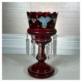 CRANBERRY GLASS VASE | Cranberry glass vase with with jut crystal drops and painted flowers - h. 14.