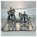 SILVER PLATE COFFEE & TEA SET | Silver plate coffee pot, tea pot, and tray; tray 16.5 x 11.5 in - h.