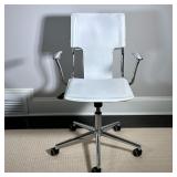WHITE LEATHER OFFICE CHAIR | White leather rolling office armchair - h. 38 x w. 23 x d. 19 in.