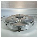 HAMMERED ALUMINUM WARMING TRAY | Electrified hammered aluminum warming tray with 3 circular glass bo