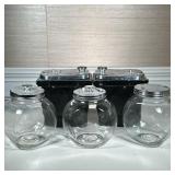 (5pc) KITCHEN JARS | Including: pair of old ceramic diner fruit containers labeled "Strawberry" and 