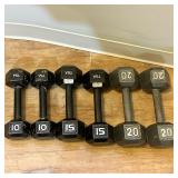 (6pc) FULL METAL DUMBBELLS | 3 pair of full metal dumbbells including: 10lbs, 15lbs, and 20ish