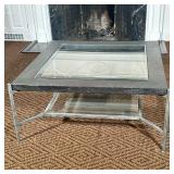 SQUARE COFFEE TABLE | Having metal base with wood top, inlaid glass over smaller second square glass