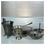 MISC SILVER PLATE ITEMS | Including: pitchers baskets, ladle, and more - h. 3.25 x w. 7.5 x l. 12 in