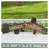 "CHASING RAINBOWS" FOLK ART PAINTED FISH SIGN | A whimsical carved wood and metal painted hanging si