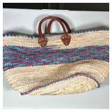 FRENCH WOVEN BAG | Colorful French woven straw bag with leather handles - h. 12 x w. 8 x l. 27 in.