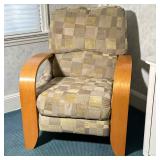 RECLINER | Upholstered recliner with curved wood arm rests - h. 36 x w. 31 x d. 31 in.