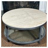 STONE TOP COFFEE TABLE | Round stone too coffee table with lower inlaid glass shelf - h. 19 x dia. 4