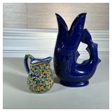 (2pc) CERAMIC PITCHERS | Including: blue glazed fish pitcher marked on bottom, and ceramic creamer m