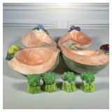 (8pc) CANTALOUPE CERAMICS | Including: 4 cantaloupe form ceramic bowls, and 2 sets of broccoli form 