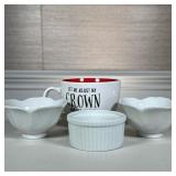 (4pc) VARIOUS CUPS/BOWLS | One mug with text, one small ramekin and two small rice bowls