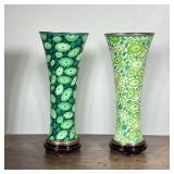(2pc) CONTEMPORARY JAPANESE CLOISONNÉ TAPERING VASES | Pair of green lily pad cloisonné vases on woo