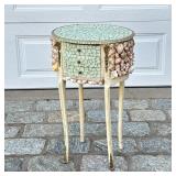 SEASHELL & GLASS MOSAIC SIDE TABLE | A whimsically decorated oval side table with inlaid glass mosai