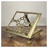 PIERCED BRASS LECTERN | Vintage brass adjustable book stand raised on feet - h. 10 x w. 13.5 x d. 11