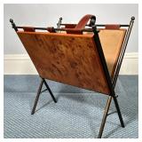 BURLWOOD & LEATHER MAGAZINE HOLDER | Burl wood veneer folding magazine holder with inlay leather cen
