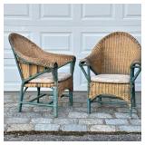 PAIR ENGLISH ARTS & CRAFTS STYLE RATTAN & WICKER ARMCHAIRS | Pair of wicker curved back armchairs wi