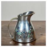 MEXICAN SILVER PLATE & TURQUOISE PITCHER | Silver plate pitcher with bird and flower relief with inl
