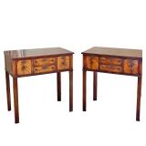 PAIR MASTER CRAFTSMAN FIGURED WOOD NIGHTSTANDS | Pair of carved wood bedside tables with brass pulls