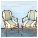 (2pc) PAIR LOUIS XVI ARMCHAIRS | Pair of Louis XVI carved wood & painted round back armchairs with f