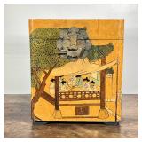 PAINTED ASIAN BOX | Wood carved box with painted figures scenes on all sides - h. 17 x w. 14.75 x d.