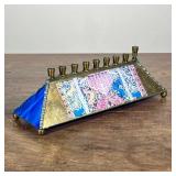 BRASS & ART GLASS MENORAH & CANDLES | Including: art glass and brass menorah with Hanukkah candles -