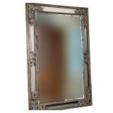 OVERSIZED SILVERED BEVELED FLOOR MIRROR | Carved wood frame, mirrored bevels with carved decorations
