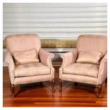 (2pc) Upholstered Chairs | Pink matching chairs. Pillows included. Damask material with brass tacks.