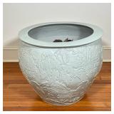 MONUMENTAL ROOSTER EMBOSSED WHITE PLANTER | Monumental ceramic planter with floral relief & white gl