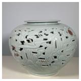 KOREAN DOUBLE-WALLED VASE | Blue glaze Korean vase with double walls & cut outer layer. Dimensions: 
