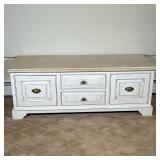 SUPERIOR WOODCRAFT STONE TOP LOW TABLE | Having beveled stone top over split-width drawers with bras