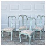 (4pc) RUSTIC BLUE PAINTED DINING CHAIRS | Set of 4 carved wood & blue painted dining chairs with rou