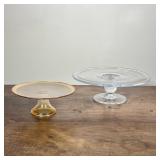 (2pc) GLASS CAKE PLATES | Set of 2 glass cake plates on pedestal base, one with gilt rim - h. 4 x di