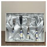 MURANO GLASS HANDLED SILVER PLATE UTENSILS | Set of 4 Murano glass handles silver plate utensils inc