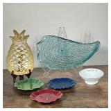 (6pc) MIXED GLASS & CERAMICS | Including: blue glass platter, gilt glass pineapple form platter, set