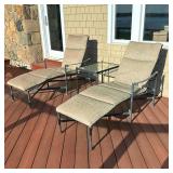 (3pc) PATIO LOUNGE SET | Including pair of wrought iron & wicker seat loungers with cushions, and gl