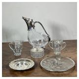 (6pc) SILVER PLATE & GLASS ITEMS | Including: glass & silver plate decanter, cut crystal sugar bowl 