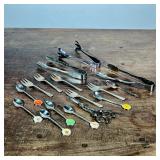 (15pc) MIXED SILVER PLATE UTENSILS | Including: 3 tongs, Grape scissors, 5 forks, teaspoon, and 5 19