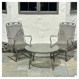 (3pc) PROBABLY WOODARD Wrought Iron Coffee Table & Rocking Chairs | Wrought iron outdoor/patio furni