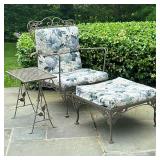 (3pc) Vintage Wrought Iron Armchair, Footstool & Side Table #1 | Wrought iron outdoor/patio furnitur