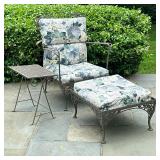 (3pc) Wrought Iron Armchair, Footstool & Side Table #2 | Wrought iron outdoor/patio furniture, inclu