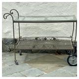 Wrought Iron Bar Cart | Wrought iron outdoor/patio bar cart on wheels, with a glass top insert, vari