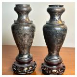 (2pc) CHINESE SILVER VASES ON CARVED BASES | A pair of Chinese sterling (not tested) silver vases on