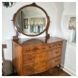 Serpentine Front Dresser With Mirror | Vintage burlwood four-drawer dresser with serpentine front, h