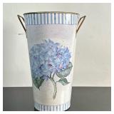 Painted Tin Vase with Floral Design | Vintage tin vase or utensil holder with painted hydrangea flor