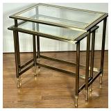 (2pc) Brass & Glass Nesting Tables | Pair (2) of brushed brass nesting tables with glass top inserts