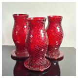 (6pc) Red Hurricanes on Plates | Set of three (3) glass hurricanes on plates with mosaic design. - h