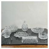 (9pc) Pressed Glass Dishes - Waterford & Others | Waterford cut crystal octagonal-shaped ashtray Pre