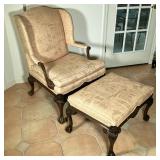 (2pc) J.H. Harvey Armchair & Ottoman | J.H.Harvey custom upholstered Victorian style armchair and ma